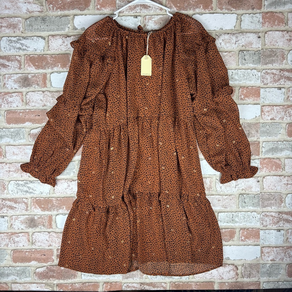Jodifl spotted Animal Print Dress Tiered Long Sleeve Large NWT Gold Polka Dots